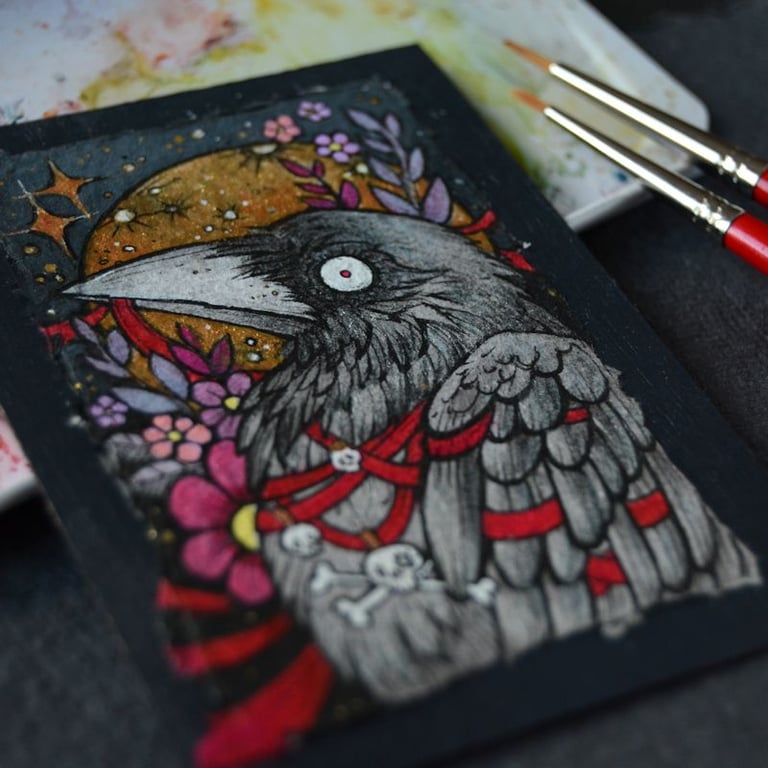 creepy crow - original aceo (seconds)