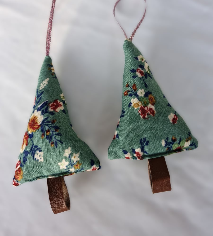 Pair of hand crafted fabric christmas tree decorations with leather trunk