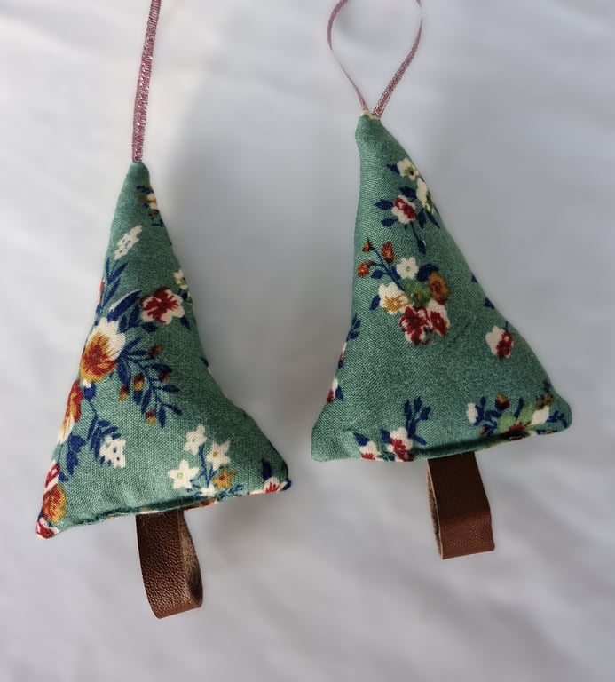 Pair of hand crafted fabric christmas tree decorations with leather trunk