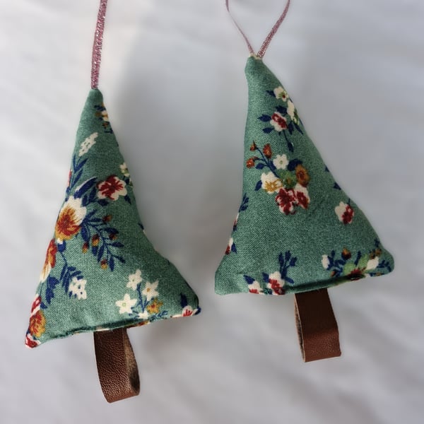 Pair of hand crafted fabric christmas tree decorations with leather trunk