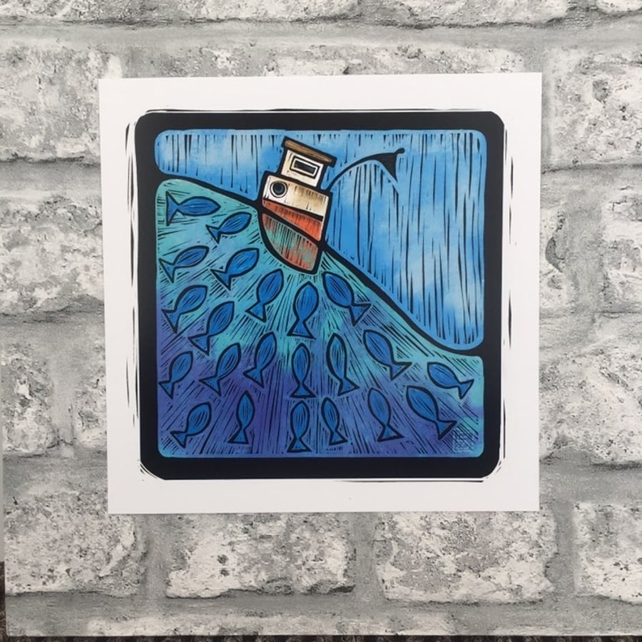 Art print illustration Cornish themed wall art fishing boat and seascape 