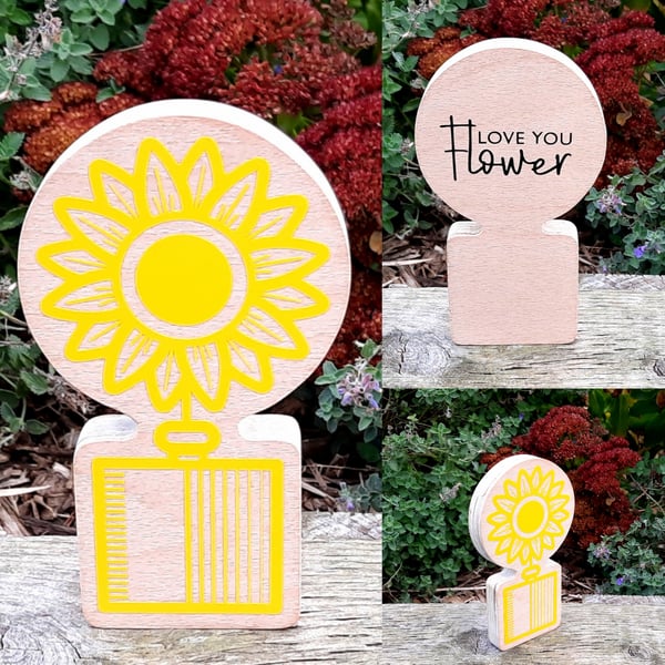 Yellow Sunflower Love You Flower Ornament Handmade Wooden Scandi Hygge Decor