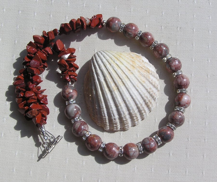 Picasso & Red Jasper Gemstone Beaded Statement Chunky Necklace "Pablo"