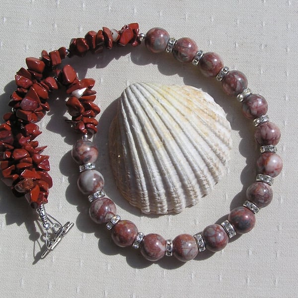 Picasso & Red Jasper Gemstone Beaded Statement Chunky Necklace "Pablo"