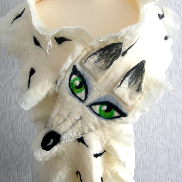 Hand Felted, Wool felted soft ART SCARF-WHITE FOX-