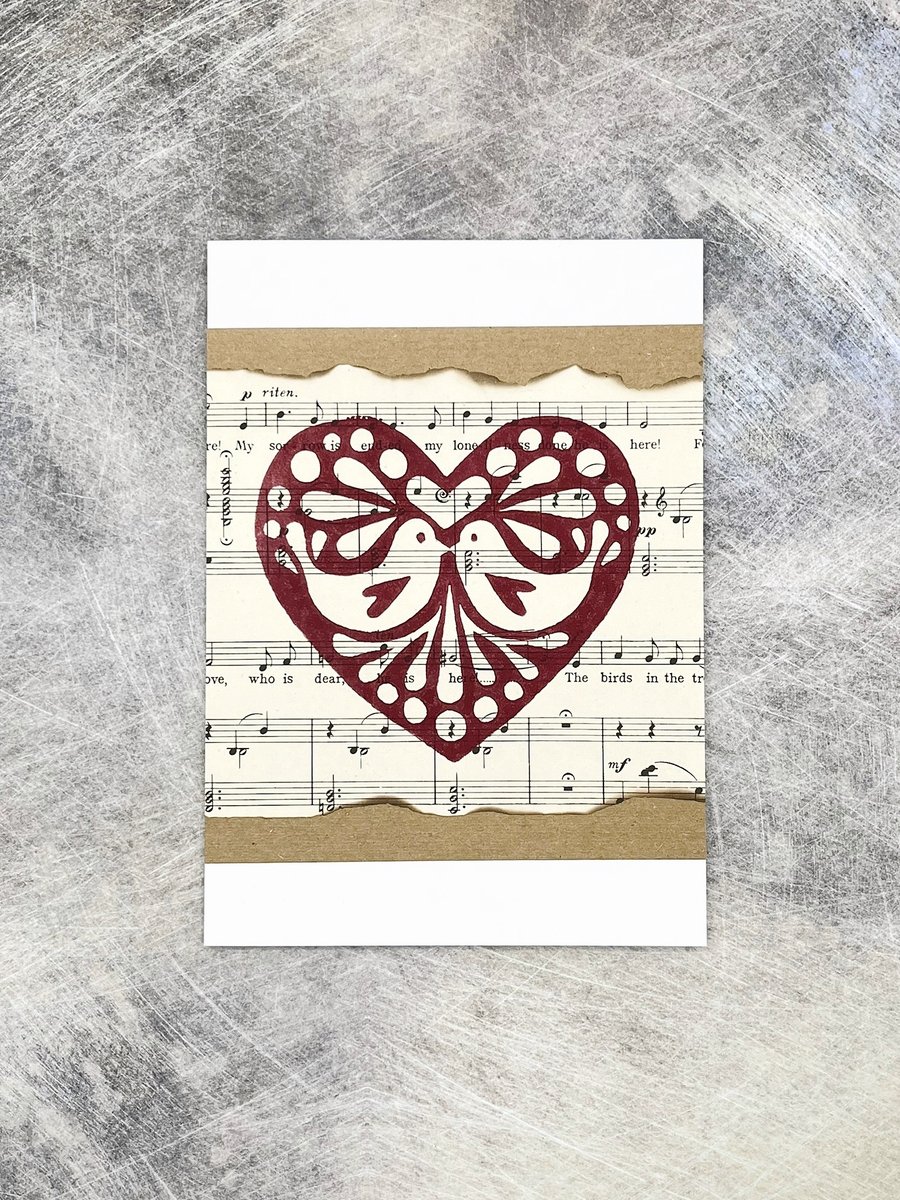 Christmas Love Birds Lino Print Card - Red