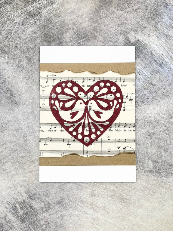 Christmas Love Birds Lino Print Card - Red