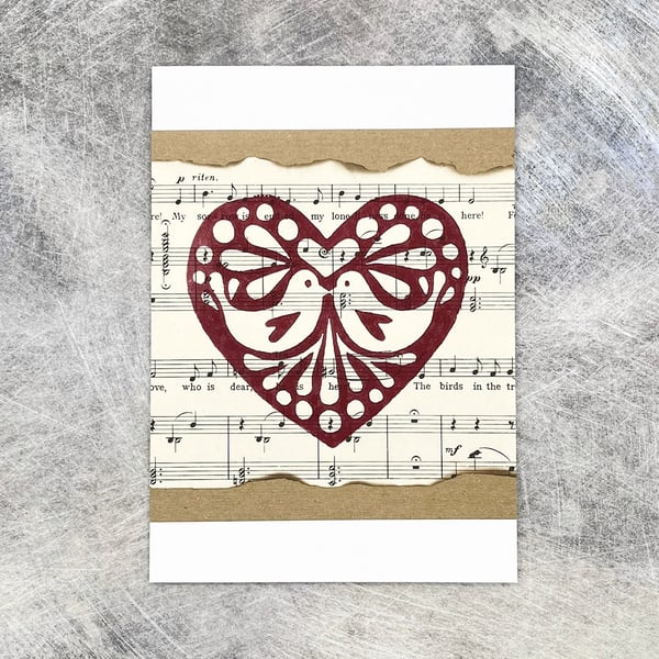 Christmas Love Birds Lino Print Card - Red
