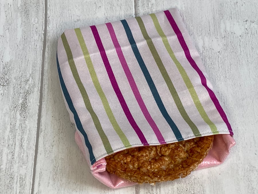 Large reusable snack bag with food-safe lining. Stripes