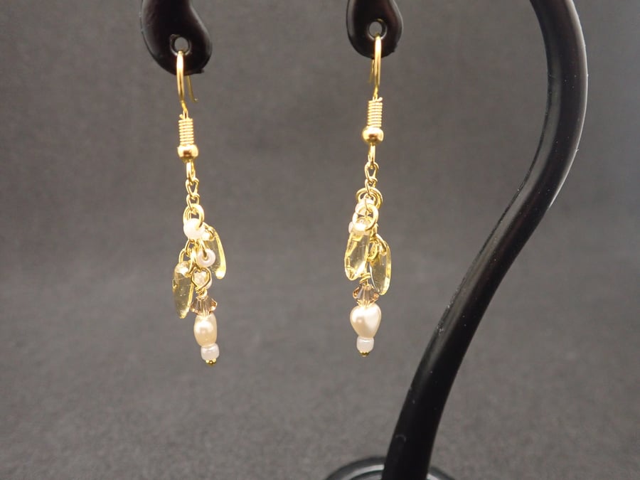 Gold and Ivory Cascade Beaded Earrings