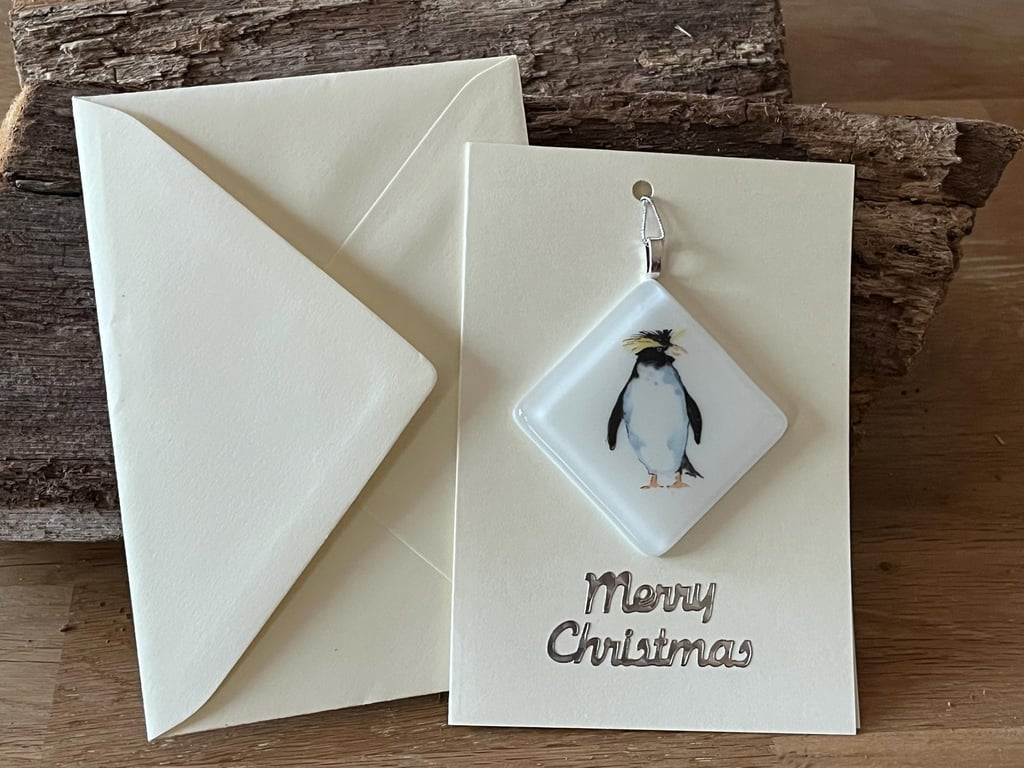 Unique Handcrafted Christmas Card with Artisan Fused Glass Rockhopper Penguin 