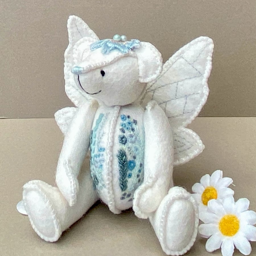 Fairy artist bear, hand embroidered one of a kind collectable teddy bear