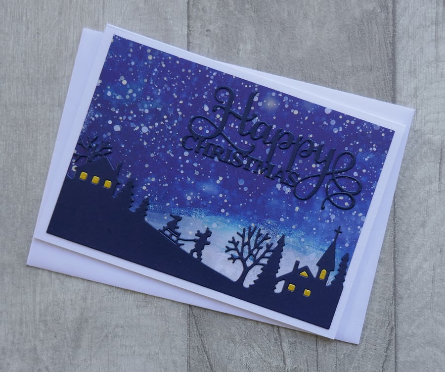 Children Sledging with Blue Winter Sky - Happy Christmas - Greetings Card