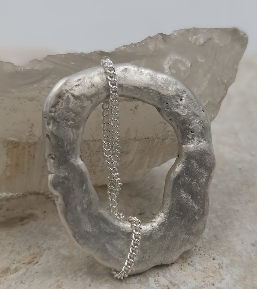 Chunky Molten Sterling Silver Circle Pendant Necklace