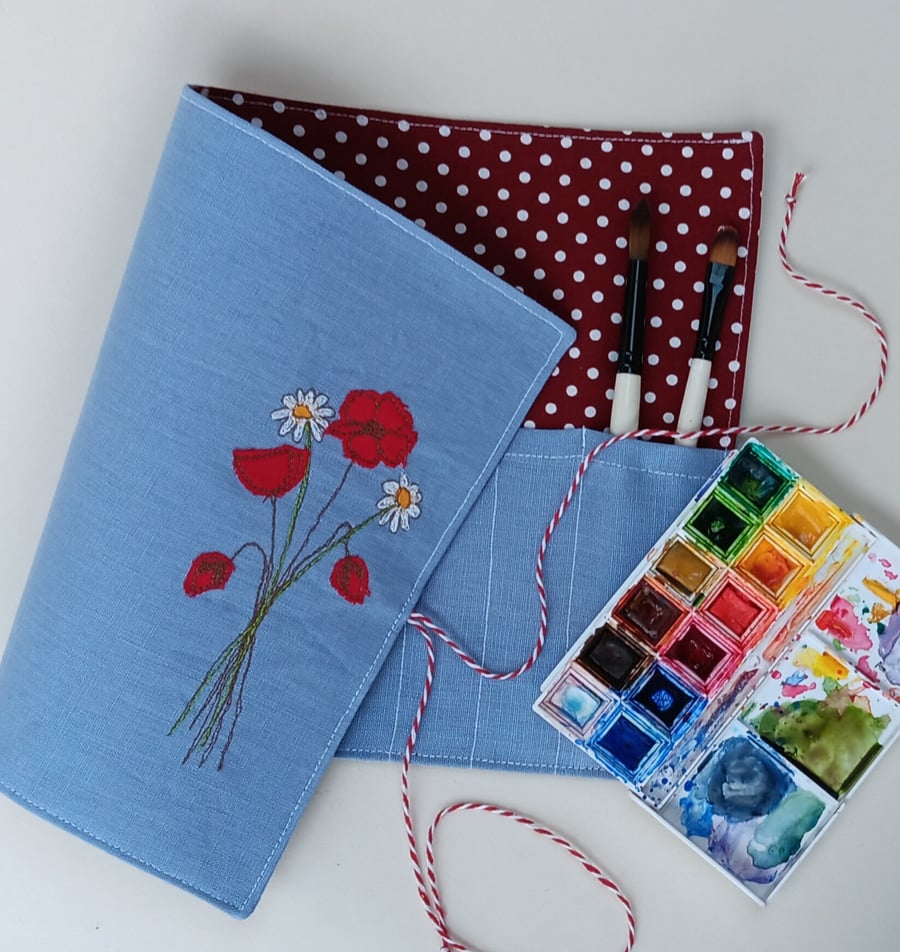 Brush Roll with Embroidered Poppies and Daisies