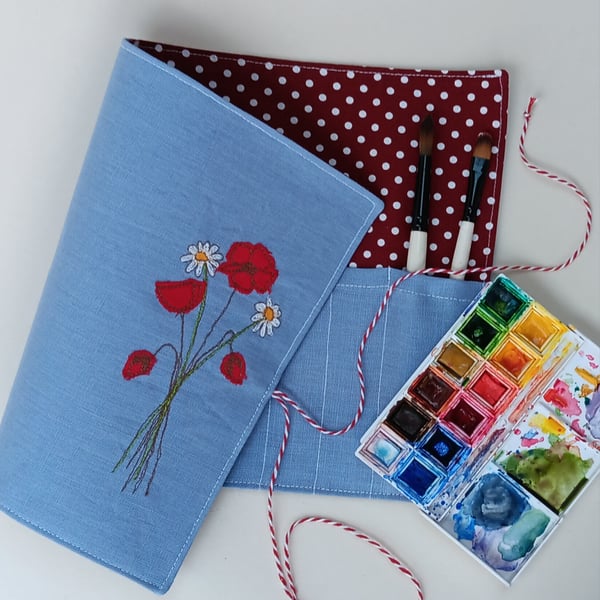 Brush Roll with Embroidered Poppies and Daisies