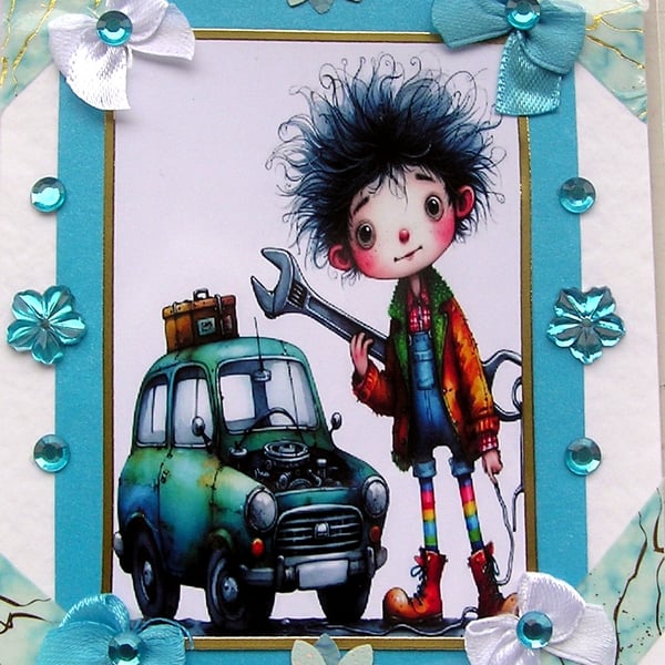 Young Car Mechanic - Hand Crafted Decoupage Greeting Card - Blank - 3116