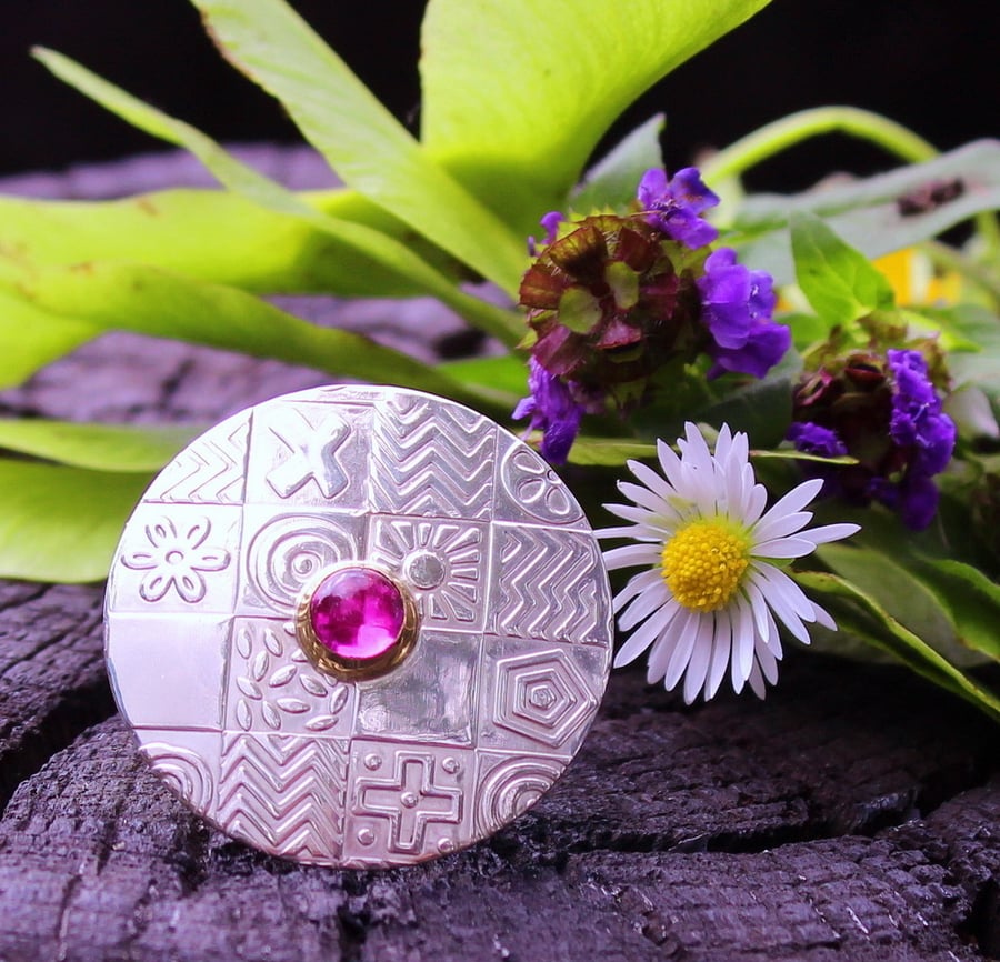 Handmade silver brooch, pink corundum,  round 30mm diam. gemstone choice