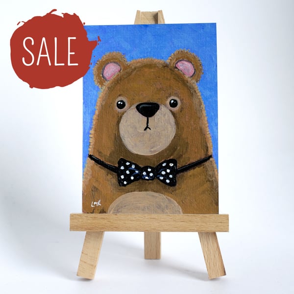 SALE - Original ACEO - Brown Bear wearing a Polka Dot Bow Tie