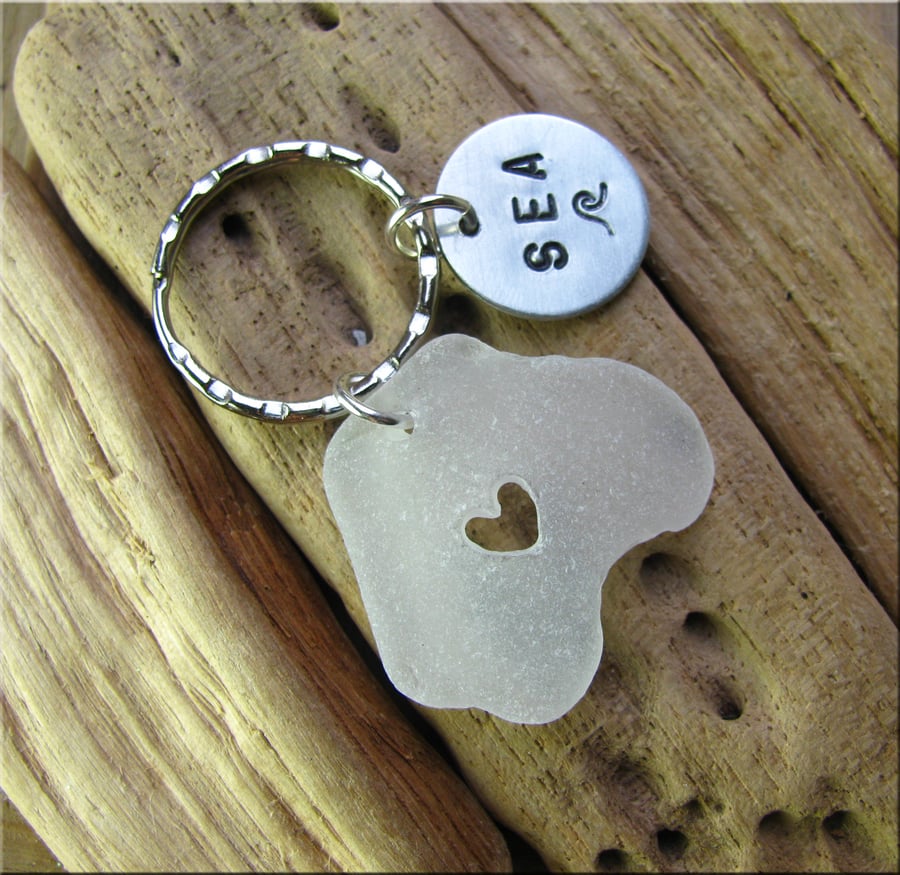 Scilly sea glass, drilled heart keyring