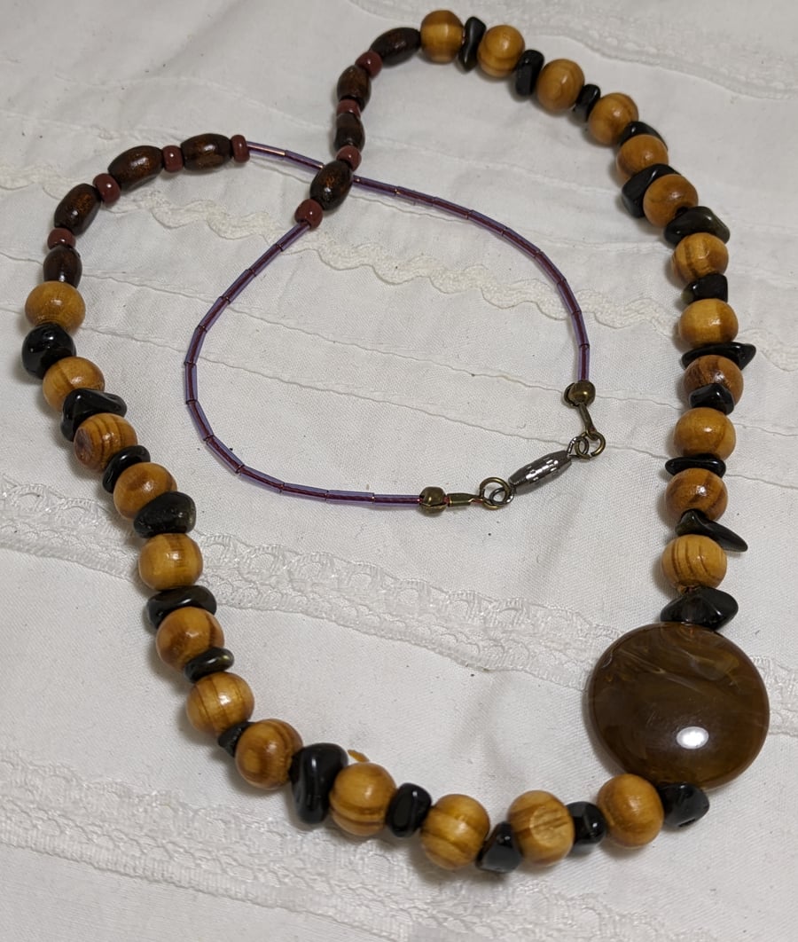 Wood bead and garnet necklace
