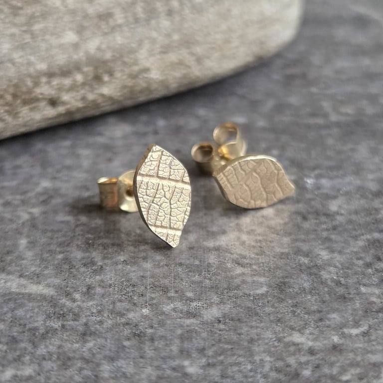 9ct gold leaf pattern earrings, Gift for nature lover