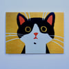 BLACK AND WHITE CAT ON YELLOW BACKGROUND GREETINGS CARD