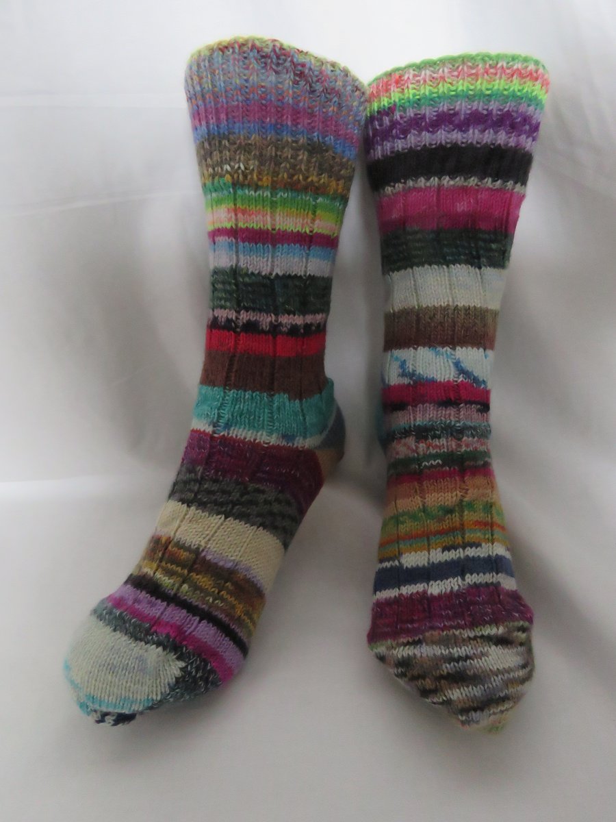 Hand-cranked Frankensox Knitted Ribbed Wool Socks Size 6 to 7