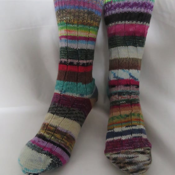 Hand-cranked Frankensox Knitted Ribbed Wool Socks Size 6 to 7