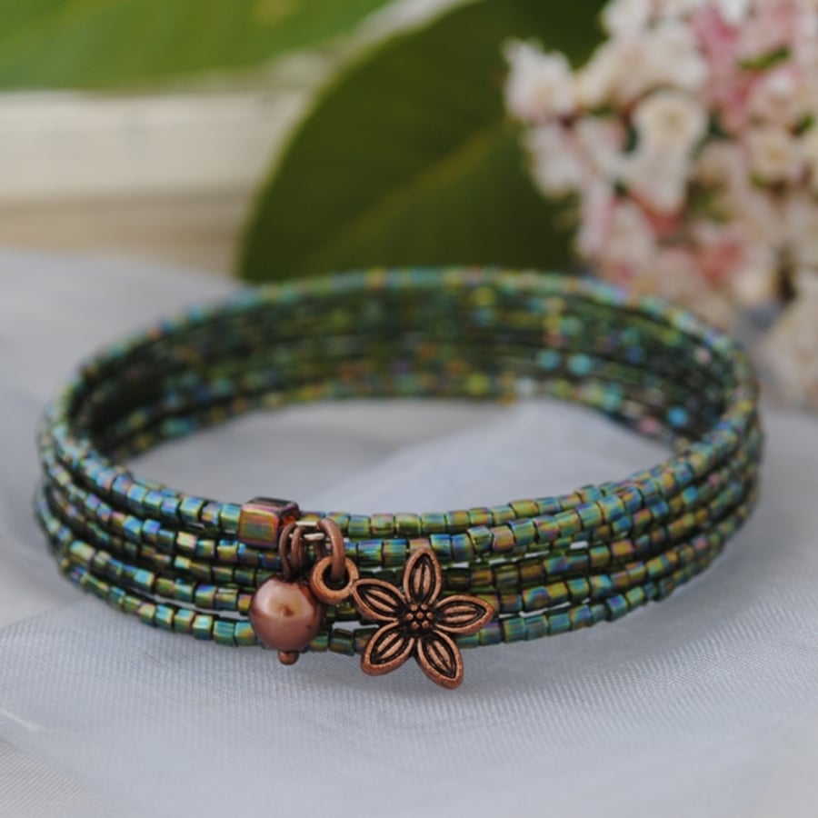 Green & Copper wrap (memory wire) bracelet