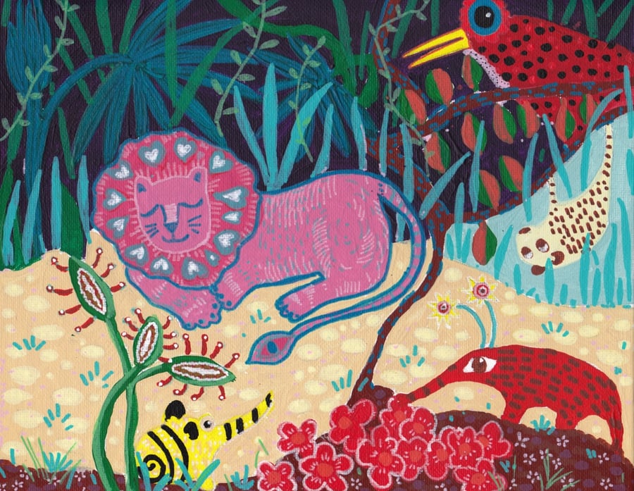  Pink Lion Sleeping - Original Acrylic Gouache Painting