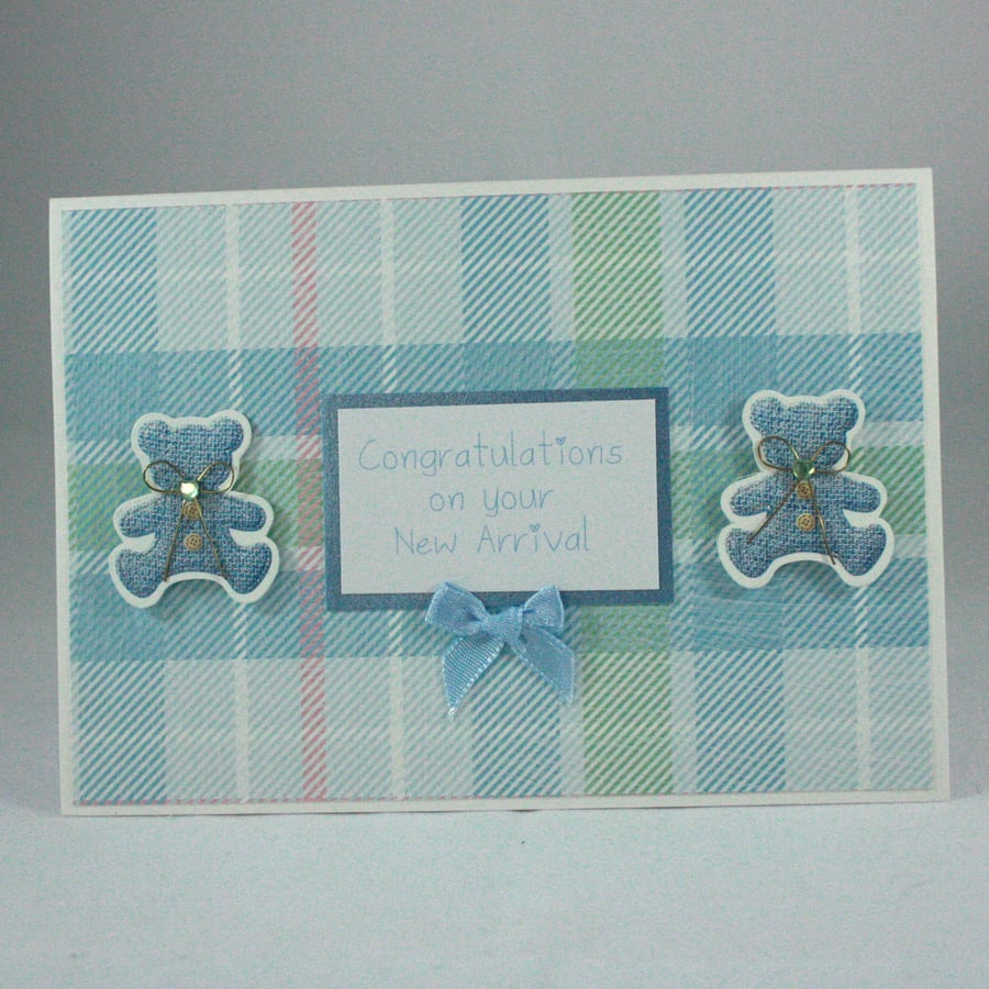 Handmade new baby card - blue teddies