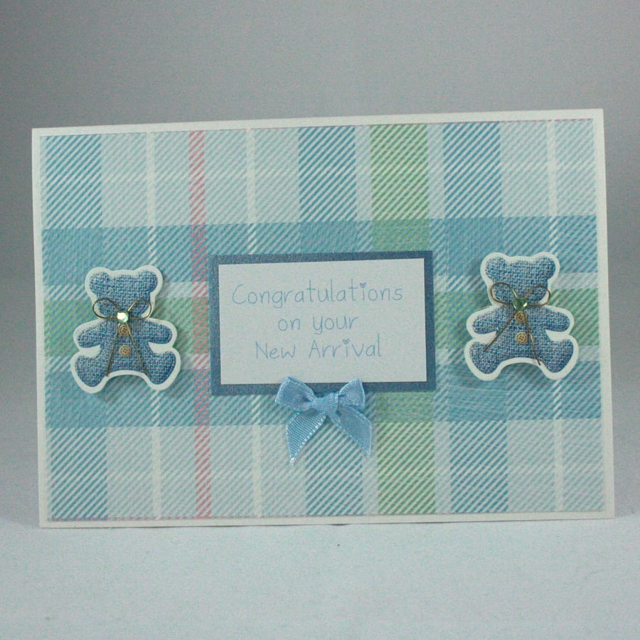 Handmade new baby card - blue teddies 