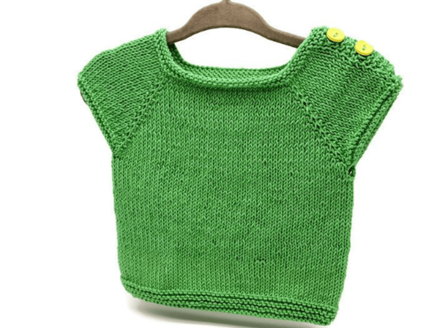SOLD Hand Knitted Baby Top - emerald green cotton - 3-6months