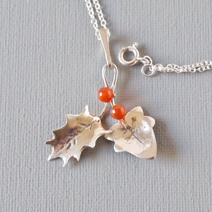 The Holly and The Ivy Pendant Woodland Pendant on Chain Red Carnelian Berries