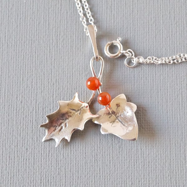 The Holly and The Ivy Pendant Woodland Pendant on Chain Red Carnelian Berries