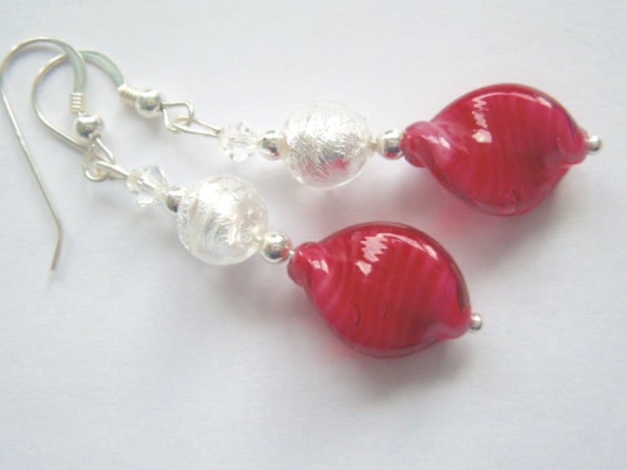 Pink and silver murano glass earrings with Swarovski and sterling silver.