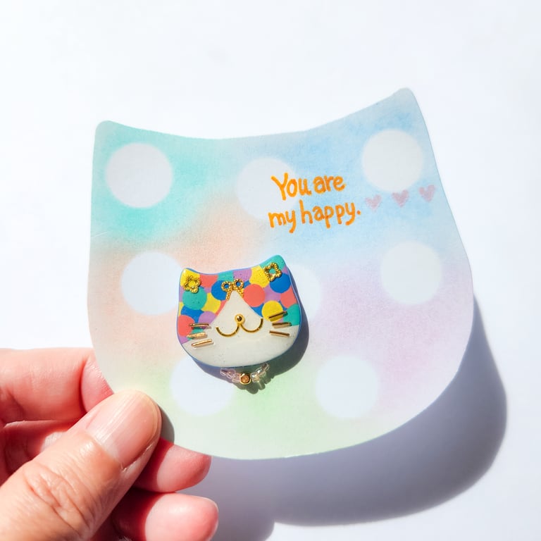 Hand-painted Cat Brooch with hand-coloured card