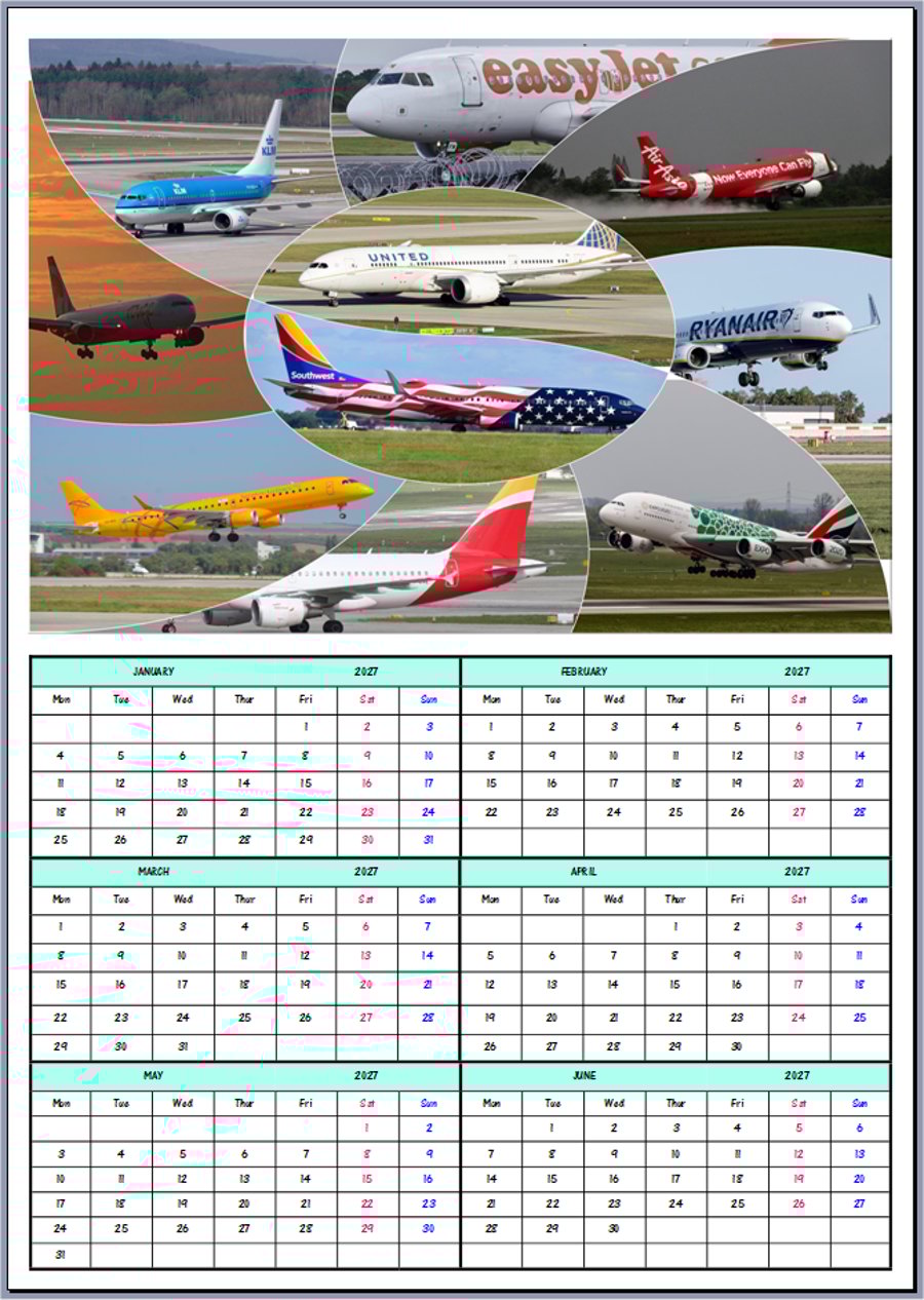 2027 A4 Aeroplanes Year At A Glance Card 