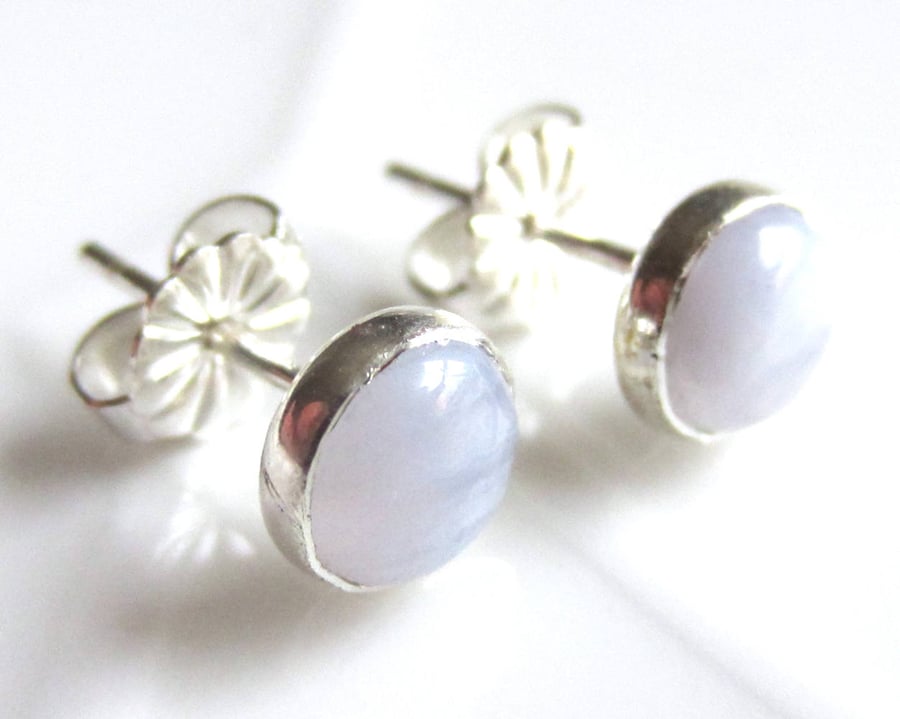 Blue Lace Agate and Sterling Silver ear studs, Round Stud gemstone Earrings 