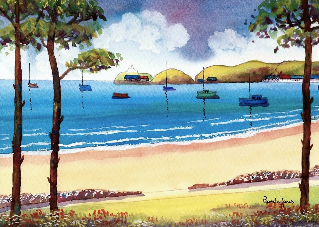 Boats In The Bay, Mumbles, South Wales, Original Watercolour in 14 x 11'' Mount