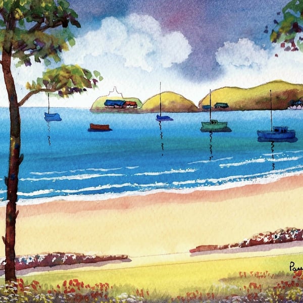 Boats In The Bay, Mumbles, South Wales, Original Watercolour in 14 x 11'' Mount