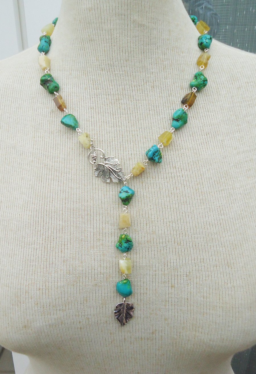 Turquoise and Yellow Opal Necklace, Turquoise and Opal Lariat