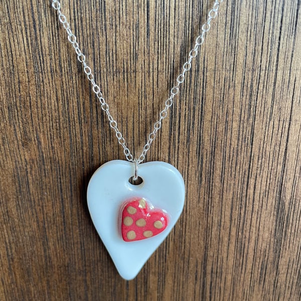 NEW!  Porcelain sweetheart pendant with gold detail