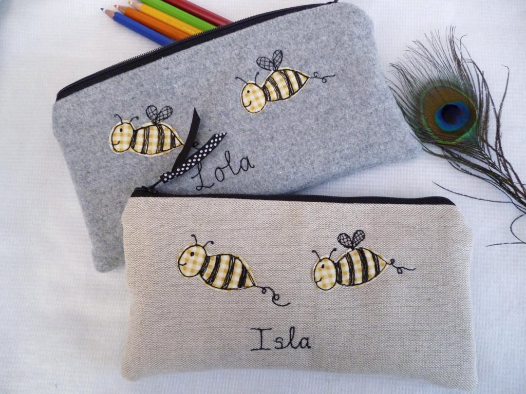 Personalised Bee Pencil Case - Pen or Art Pouch in Oatmeal Linen or Grey Wool