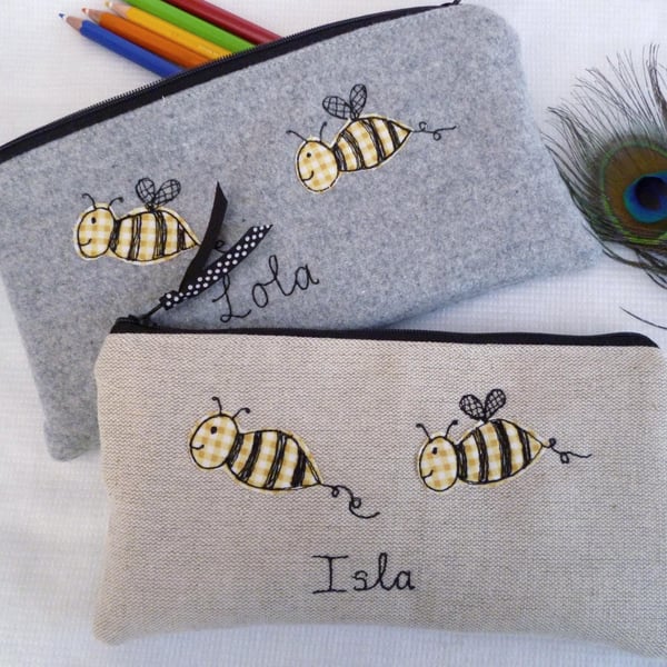Personalised Bee Pencil Case - Pen or Art Pouch in Oatmeal Linen or Grey Wool