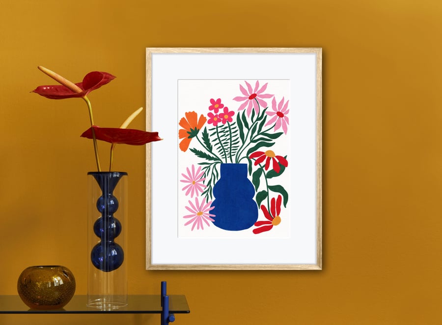 Blue Flower Vase Still Life Illustration Art Print