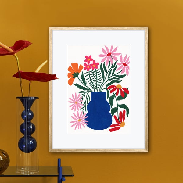 Blue Flower Vase Still Life Illustration Art Print