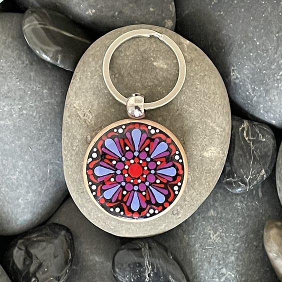 Hand Painted Keyring Mandala Acrylic Painting on Wood Original & Unique