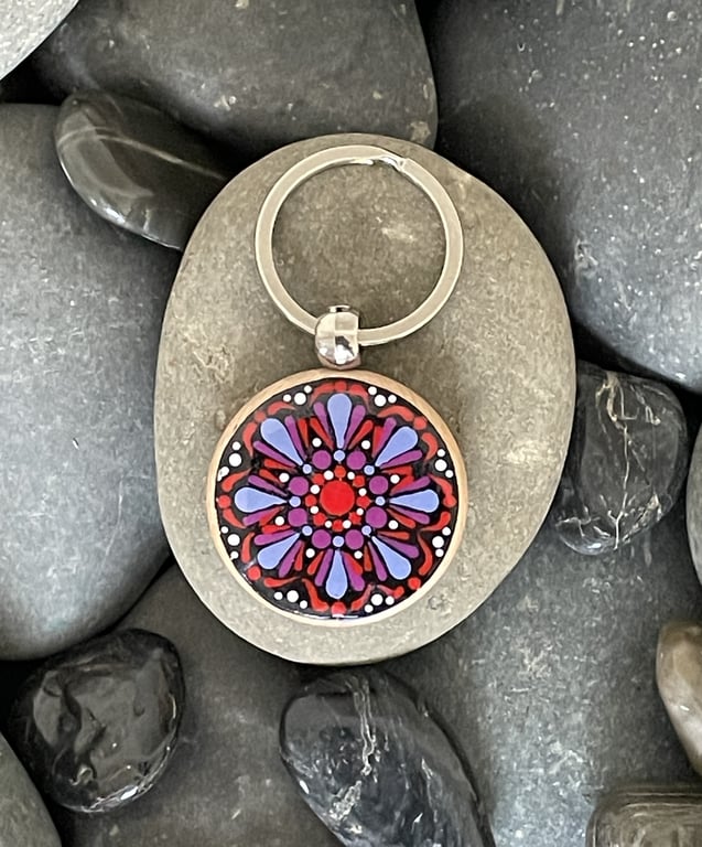 Hand Painted Keyring Mandala Acrylic Painting on Wood Original & Unique